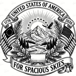 May include: Black and white illustration featuring the words "United States of America" in a circular banner. The image includes flags, mountains, an eagle, and the text "For Spacious Skies". The years 1776 and 2026 are also present.