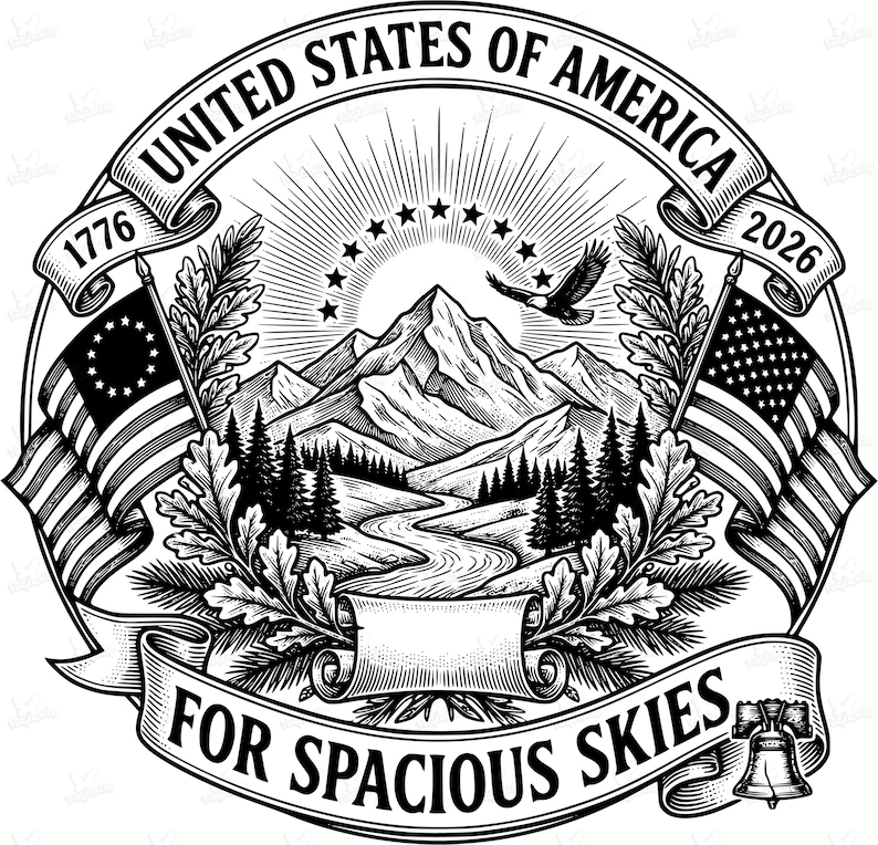 May include: Black and white illustration featuring the words "United States of America" in a circular banner. The image includes flags, mountains, an eagle, and the text "For Spacious Skies". The years 1776 and 2026 are also present.