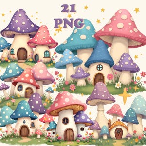 21 Fantazyjnych Domków Grzybowych Wróżek Clipart, Urocza Sztuka Ścienna Do Pokoju Dziecięcego, Wydrukowany PNG Do Dekoracji Dziecięcych, Naklejki, Zaczarowany Domek Ogrodowy