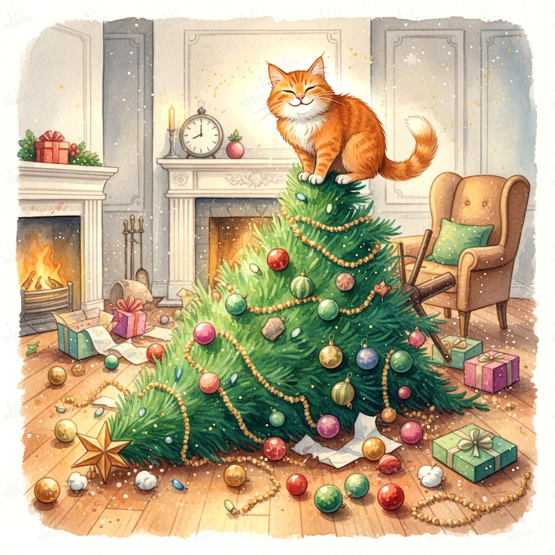 Clipart drôle de chat de Noël : art espiègle de chaton et d'arbre tombé | 12 PNG image 1