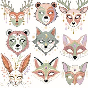 May include: A collection of nine animal masks with intricate designs. The masks feature various animals, including a deer, bear, wolf, fox, and rabbit, in soft pastel colors. Each mask has decorative elements like jewels and dangling accents, perfect for costume parties or artistic projects.
