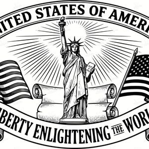 May include: Black and white illustration featuring the Statue of Liberty, American flags, and the text "United States of America." The image includes the years 1776 and 2026, along with the phrase "Liberty Enlightening the World."