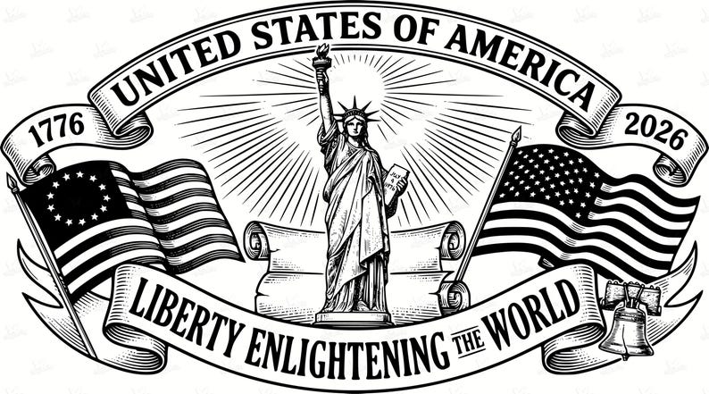 May include: Black and white illustration featuring the Statue of Liberty, American flags, and the text "United States of America." The image includes the years 1776 and 2026, along with the phrase "Liberty Enlightening the World."