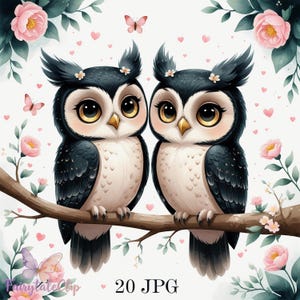 Clipart de búhos románticos estilizados: búhos de boda caprichosos, adorables pájaros del amor, búhos de acuarela en una rama, flores de cerezo y corazones, 20 imágenes JPG