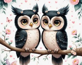 Watercolor Owl Clipart: Romantic Wedding Birds, Cherry Blossoms (20 JPG Images)