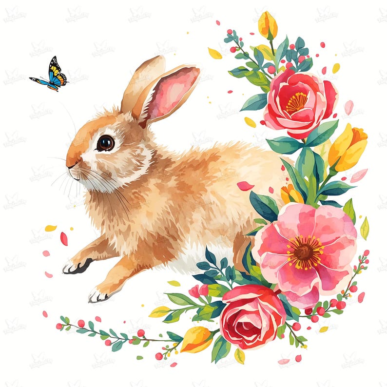 10 Watercolor Spring Bunny PNG, Lively Rabbit Floral Wreath Clipart ...