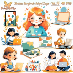 May include: Digital illustration featuring children with laptops and tablets. The image includes the text "Modern Storybook: School Days - Vol. 13 40 PNG" and "Fairytale Clip". The children are depicted in a cartoon style, with bright colors and a cheerful atmosphere.