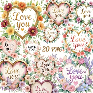20 Love You Floral Heart PNG – 水彩画風のヴィンテージな夏の花のクリップアート、ロマンチックなパステル調のデザイン、ハートのフレーム、昇華転写、カード印刷