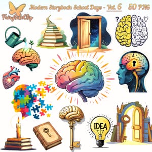 May include: A collection of colorful illustrations with a school theme. The images include a brain, a door, a stack of books, a key, a lightbulb with the word "IDEA", and a heart. The text "Modern Storybook: School Days - Vol. 6 50 PNG" is at the top.