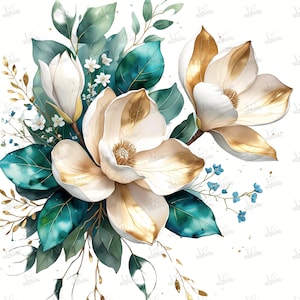15 Luxuriöse Aquarell Magnolie Clipart - Elfenbein, Smaragd Blumenstrauß | Elegante Blumen PNG für Hochzeiten, digitales Basteln, Sublimation