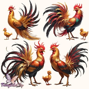 Phoenix haan clipartset-10 kleurrijke Fantasy Farm vogels PNG voor ambachten & sublimatie, grillige gestileerde kippen digitale download