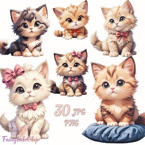 Puede incluir: Seis adorables gatitos de dibujos animados en varias poses. Los gatitos tienen pelaje esponjoso en tonos grises, naranjas y crema, algunos con lazos. La imagen incluye el texto "30 JPG PNG" y el logotipo "Fairytale Clip".