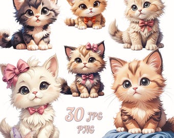30 Cute Kitten Clipart, Kawaii Cat PNG | JPG Bundle, Watercolor Kittens for Nursery Art, Baby Shower, Printable Stickers & Sublimation