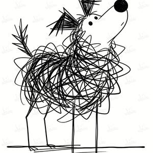 May include: Whimsical black and white line art illustration of a dog. The dog's body is formed by a series of scribbled lines, giving it a unique, textured appearance. The dog is standing, with its head tilted upwards, and has a large, round nose.