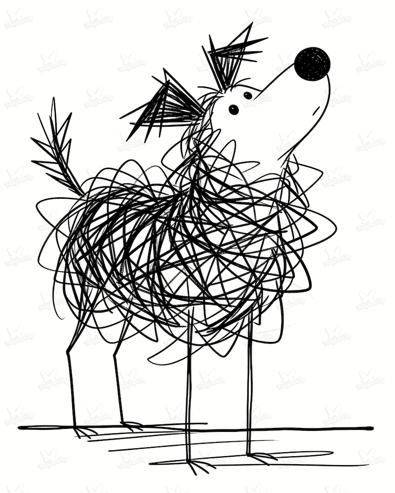 May include: Whimsical black and white line art illustration of a dog. The dog's body is formed by a series of scribbled lines, giving it a unique, textured appearance. The dog is standing, with its head tilted upwards, and has a large, round nose.