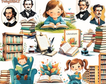May include: A digital illustration with a school theme, featuring children reading, stacks of books, and portraits. The image includes the text "Modern Storybook: School Days - Vol. 19 50 PNG" and the word "READ" in wooden blocks. The colour scheme is bright and cheerful.