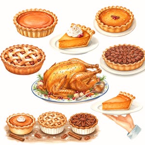 Puede incluir: Ilustración en acuarela de una fiesta de Acción de Gracias. La imagen presenta un pavo asado, pastel de calabaza, pastel de nueces y pastel de manzana. Una rebanada de pastel de calabaza se sostiene en un plato. Palitos de canela y nueces están esparcidos.