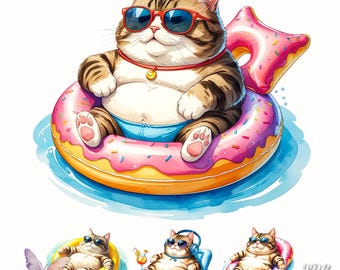 Funny Summer Cat Clipart Bundle: Pool Party PNG, T-Shirt Design (Commercial Use, Digital Download)