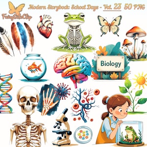 Puede incluir: Colección de ilustraciones en acuarela con elementos de biología. Incluye un esqueleto de rana, un cerebro humano, un microscopio, una cadena de ADN, un pez dorado en un cuenco, una mariposa, setas y una niña observando una rana. También está presente el texto "Biología".