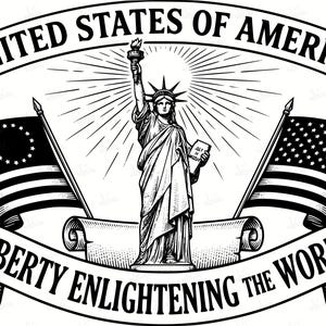May include: Black and white illustration featuring the Statue of Liberty, American flags, and the Liberty Bell. Banners read "United States of America," "Liberty Enlightening the World," and dates 1776 and 2026. A patriotic design.