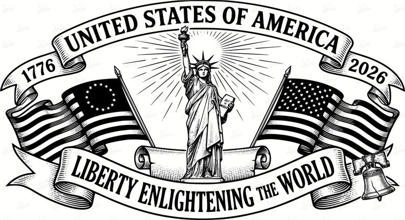May include: Black and white illustration featuring the Statue of Liberty, American flags, and the Liberty Bell. Banners read "United States of America," "Liberty Enlightening the World," and dates 1776 and 2026. A patriotic design.