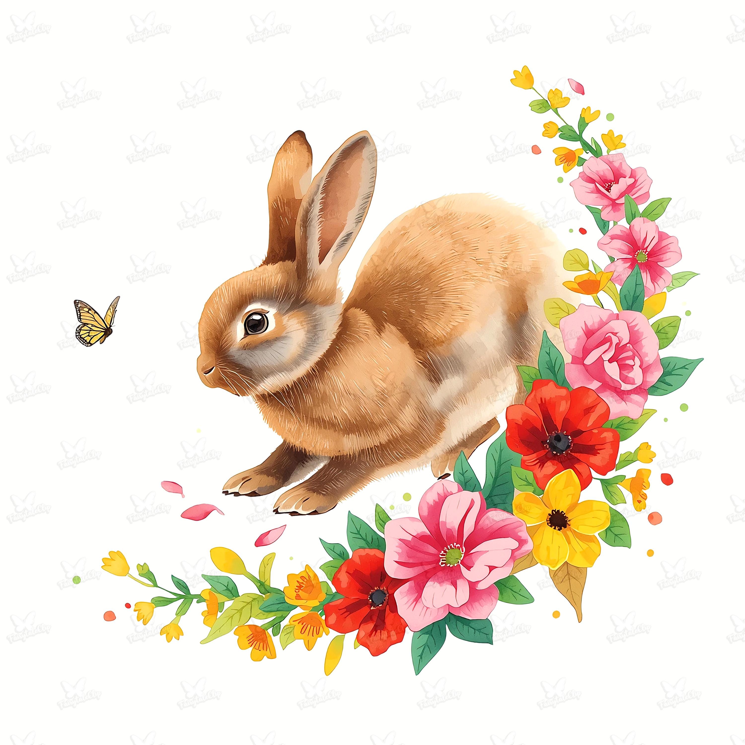 10 Watercolor Spring Bunny PNG, Lively Rabbit Floral Wreath Clipart ...