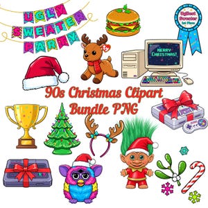 May include: A collection of 90s Christmas-themed clip art. Includes a Santa hat, reindeer, a computer with "Merry Christmas!" on the screen, a Furby, a trophy, a Christmas tree, a burger, and a "Ugliest Sweater 1st Place" ribbon.