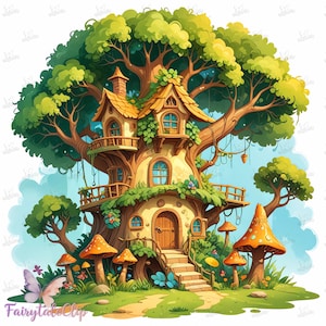 30 Fairy Tale Treehouse Clipart, Whimsical JPG, Magical Fantasy House Art for Junk Journal, Printable Decor, Scrapbooking, Commercial Use