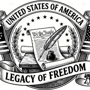 May include: Black and white illustration featuring the words "United States of America" and "Legacy of Freedom." The image includes two American flags, a quill pen, an inkwell, and a scroll with the words "We the People."