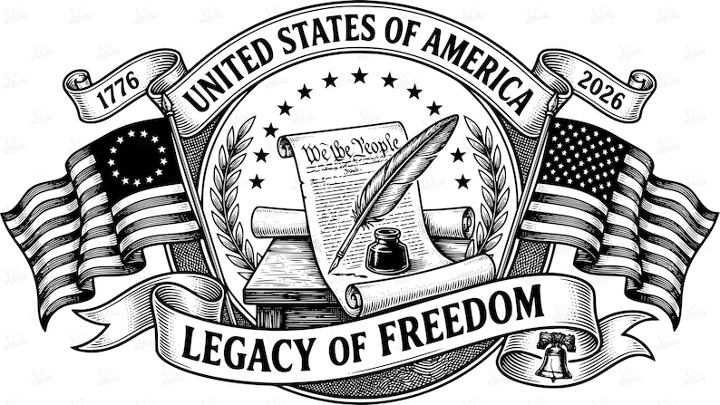 May include: Black and white illustration featuring the words "United States of America" and "Legacy of Freedom." The image includes two American flags, a quill pen, an inkwell, and a scroll with the words "We the People."