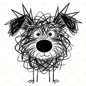 May include: A whimsical black and white illustration of a dog. The dog's body is created with scribbled lines, giving it a textured appearance. It has large, round eyes, a black nose, and a small, smiling mouth. The dog is standing on four thin legs.