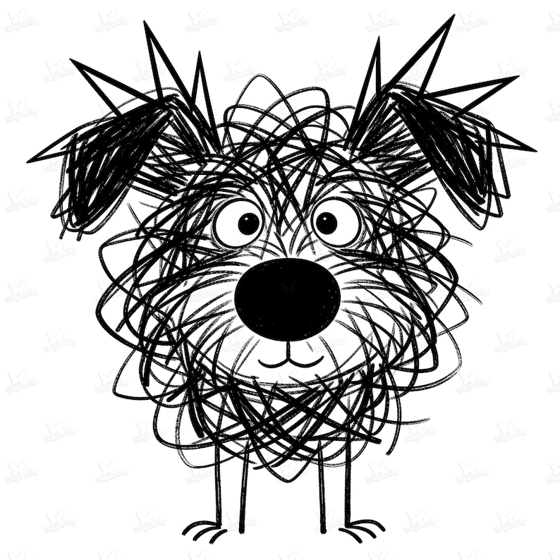 May include: A whimsical black and white illustration of a dog. The dog's body is created with scribbled lines, giving it a textured appearance. It has large, round eyes, a black nose, and a small, smiling mouth. The dog is standing on four thin legs.