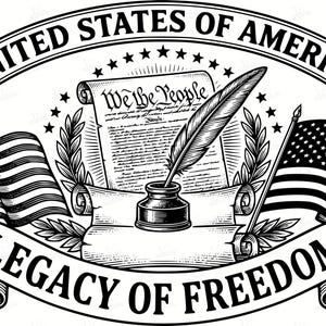 May include: Black and white illustration featuring the text "United States of America" and "Legacy of Freedom." It includes flags, a quill and inkwell, a scroll with "We the People," the Liberty Bell, and the years 1776 and 2026.