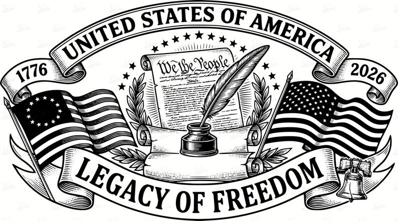 May include: Black and white illustration featuring the text "United States of America" and "Legacy of Freedom." It includes flags, a quill and inkwell, a scroll with "We the People," the Liberty Bell, and the years 1776 and 2026.