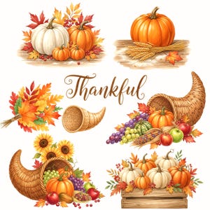 May include: Watercolor illustrations of Thanksgiving-themed elements. The image features pumpkins, gourds, wheat, cornucopias, and fall foliage in shades of orange, white, red, and yellow. The word "Thankful" is written in a decorative script.