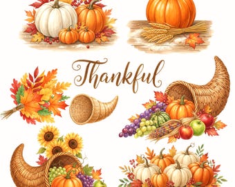Cornucopia 20 PNG Watercolor Fall Harvest Clipart – Thanksgiving Decor & Autumn Art for Craft Projects, Fall Season Gift