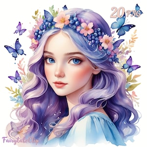 Wunderliche Fee Mädchen Clipart, blaue Haare lila Blumen PNG, bezaubernde Fantasie Prinzessin, digitaler Download für Kinderzimmer Dekor & Sublimation