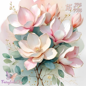 Luftige Magnolie in Aquarell - Pastellrosa, Pfirsich und cremeweißes Blumenstrauß | Romantische Blumen PNG für Hochzeiten, Baby Showers