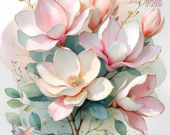 Watercolor Magnolia Clipart: Pastel Pink Floral Bouquet (PNG/JPG)