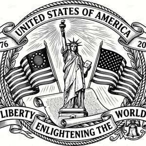 May include: Black and white illustration featuring the Statue of Liberty, American flags, and the text "United States of America." The design includes the years 1776 and 2026, along with the phrases "Liberty" and "Enlightening the World."
