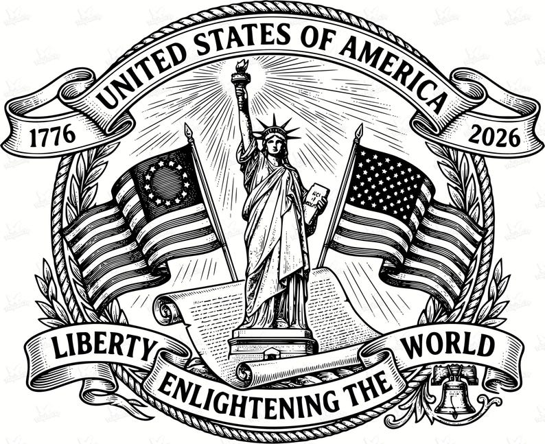 May include: Black and white illustration featuring the Statue of Liberty, American flags, and the text "United States of America." The design includes the years 1776 and 2026, along with the phrases "Liberty" and "Enlightening the World."