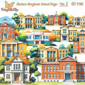 Könnte beinhalten: Aquarellillustration verschiedener Schulgebäude in Orange-, Gelb- und Weißtönen, mit grünen Bäumen und blauem Himmel. Das Bild enthält den Text "Modern Storybook: School Days - Vol. 2 40 PNG" und ein Schmetterlingslogo.