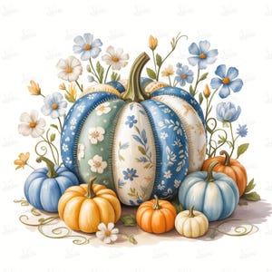 May include: A watercolor illustration of a large, patchwork pumpkin with blue and white floral patterns, surrounded by smaller pumpkins in shades of orange, blue, and white. Delicate blue and white flowers and green vines complete the autumn-themed design.