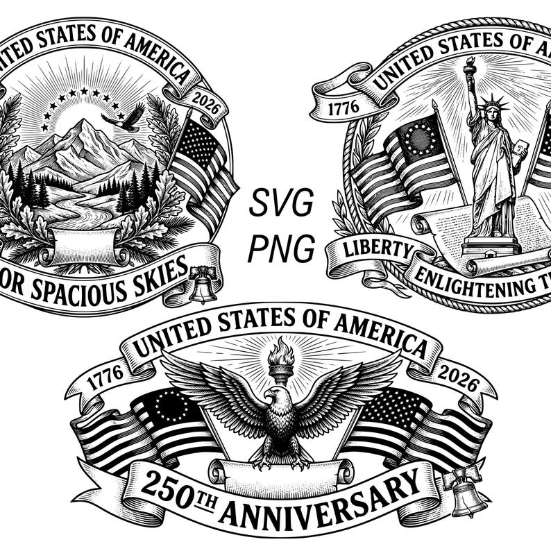 May include: Black and white illustrations of the United States of America. Designs include the American flag, the Statue of Liberty, an eagle, mountains, and the text "250th Anniversary", "For Spacious Skies", and dates 1776 and 2026.