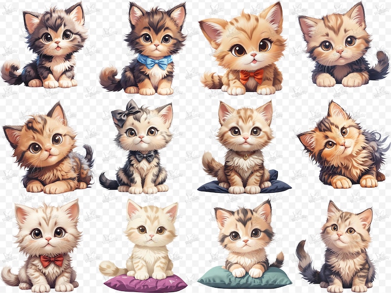 30 Cute Kitten Clipart, Kawaii Cat PNG | JPG Bundle, Watercolor Kittens ...