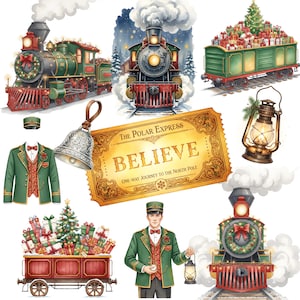 May include: A collection of Christmas-themed illustrations featuring trains, a conductor, a ticket, and gifts. The trains are green and red, with wreaths and lights. The ticket reads "The Polar Express" and "Believe". A conductor in a green uniform holds a lantern.
