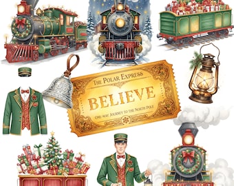 16 Watercolor Polar Express Clipart | Christmas Train PNG | Holiday Decor | Believe Ticket Art
