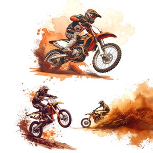 Könnte beinhalten: Aquarellillustration von Motocross-Fahrern in Aktion. Das Bild zeigt drei Fahrer auf orangefarbenen Dirtbikes, die Staub aufwirbeln. Die Fahrer tragen Helme und Schutzkleidung, vor einem weißen Hintergrund mit orangefarbenen Aquarellakzenten.