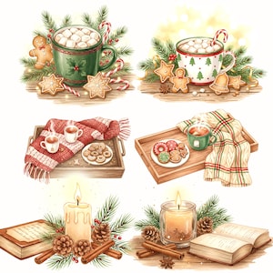 Puede incluir: Ilustraciones en acuarela de escenas invernales acogedoras. Incluye tazas de chocolate caliente con malvaviscos, galletas de jengibre, bastones de caramelo, una bufanda roja y blanca, rosquillas, una vela encendida, piñas, palitos de canela y libros.