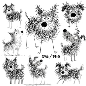 Funny Scribble Dog SVG, 10 Chaotic Doodle Creatures, Raw Line Art Puppy Clipart PNG, Anti-Aesthetic Dog Merch
